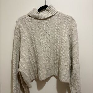 Open Edit Cropped Cream Cable Knit Turtleneck Sweater